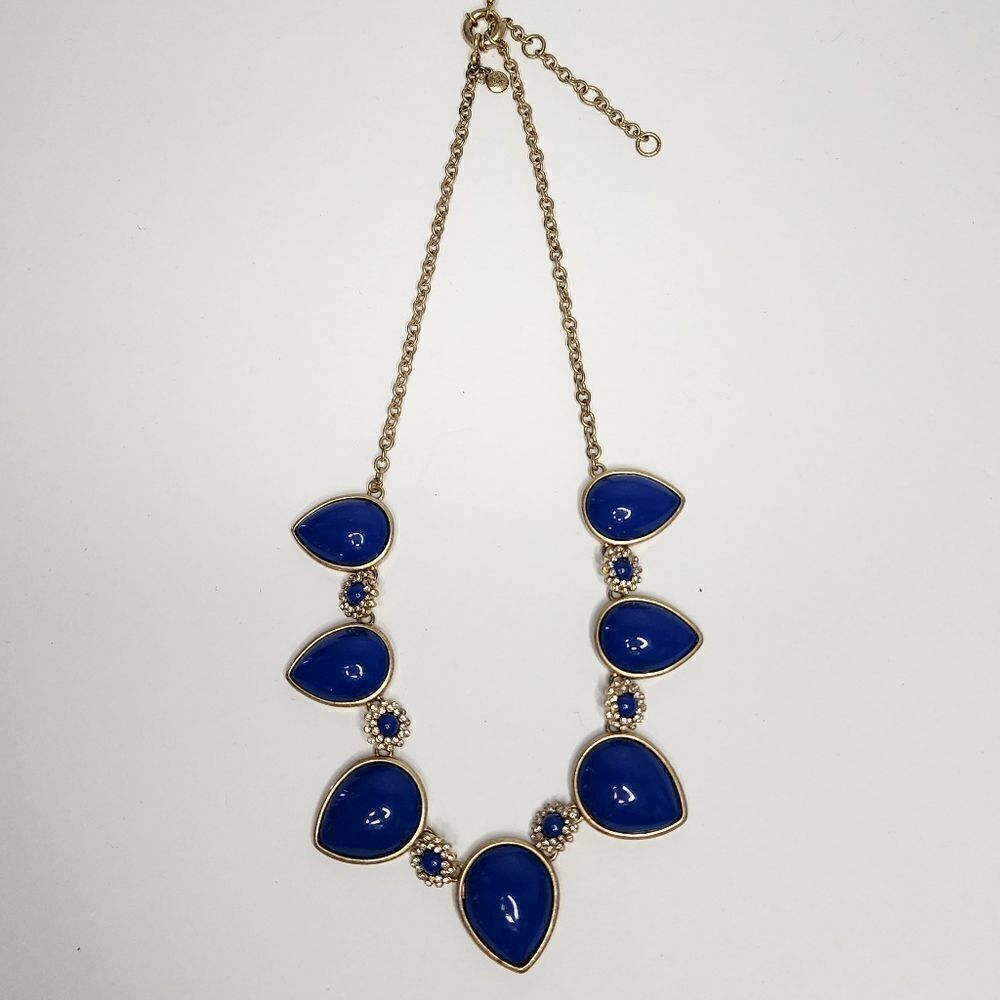 J Crew Multicolor cabochon Rhinestone Statement Necklace  blue teardrop XA24